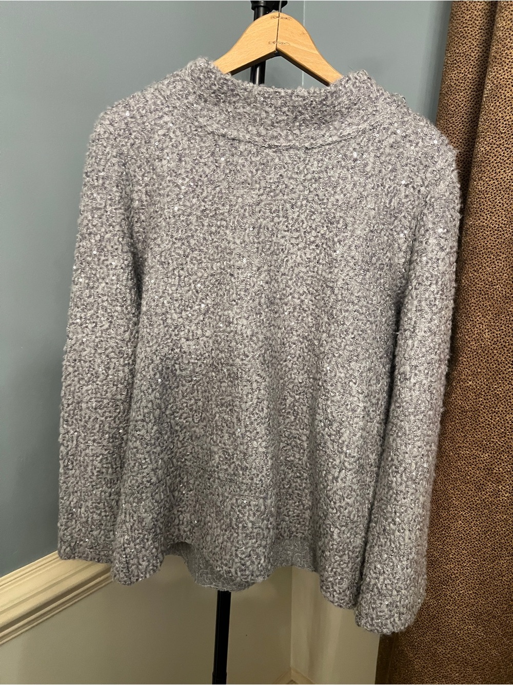 Soft Surroundings Light Gray sliver sequin Bouclé Cowl Sweater